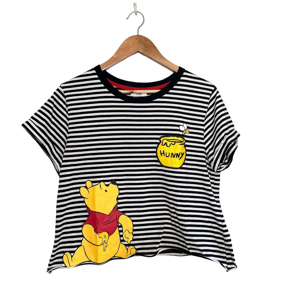 Disney Winnie the Pooh Hunny Pot Bee Striped Crop Ringer Short Sleeve Tee Large